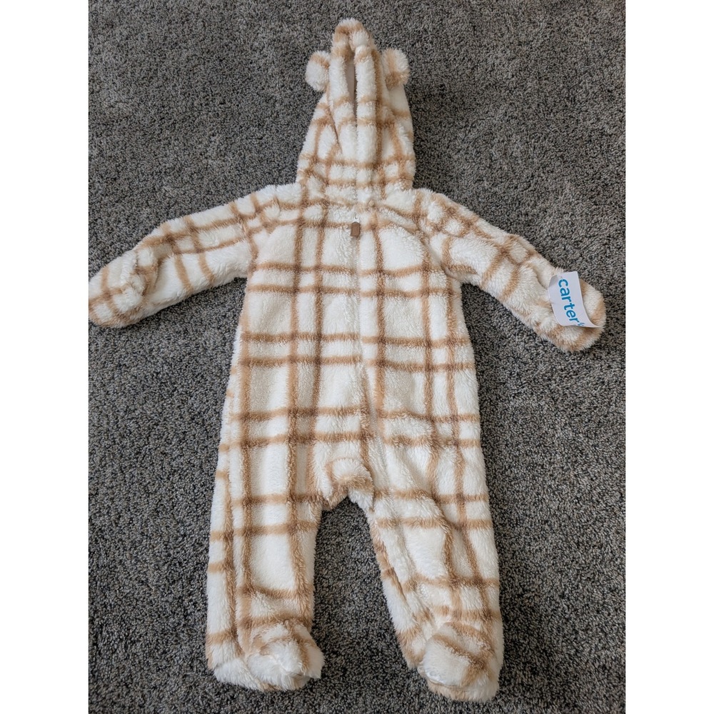Carters Baby 6M Plaid Sherpa Fleece‎ Hooded Bunting Pram Suit Bear Ears 1P954310